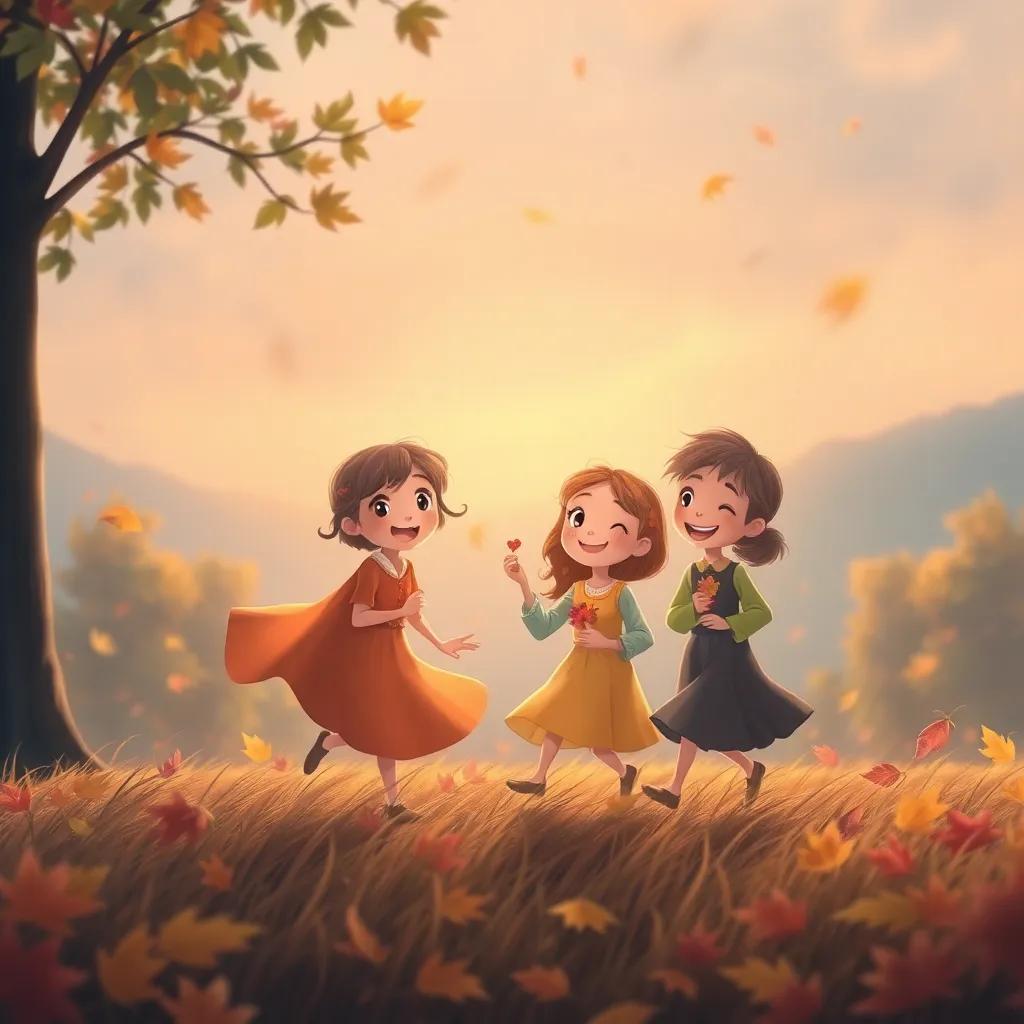 A gentle wind carrying the leaves back home, with smiles on their faces and memories in their hearts, soft colors, uplifting imagery, high quality