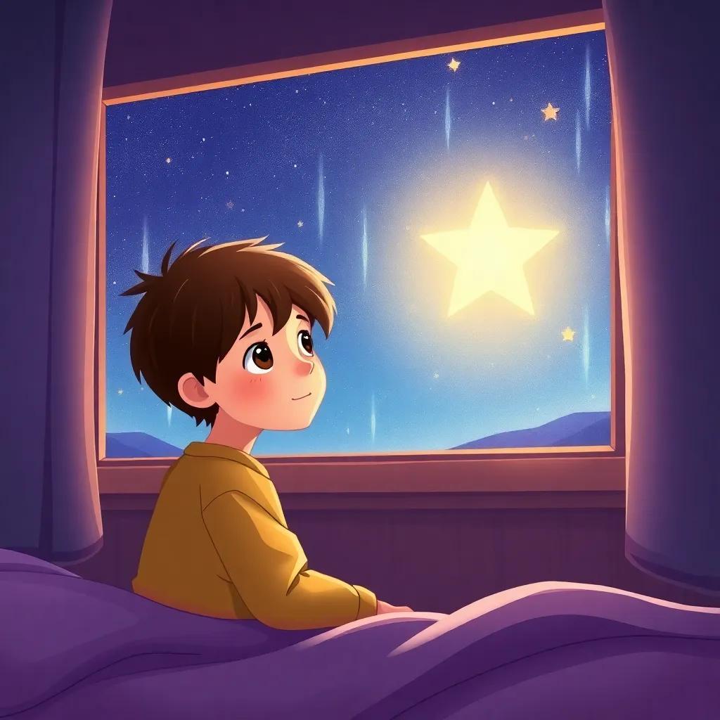 A young boy named Lucas, with short brown hair and bright eyes, looking at a starry sky from his bedroom window, digital art, warm colors, cozy atmosphere, high quality