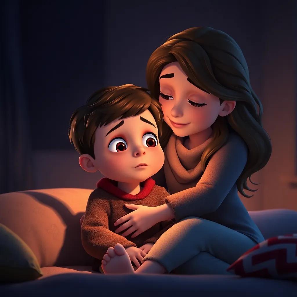 A little boy, Leo, sitting in his dark room with a scared expression, his mother, Clara, a woman with long wavy hair, comforting him with a warm hug, cozy lighting, heartwarming scene, high quality