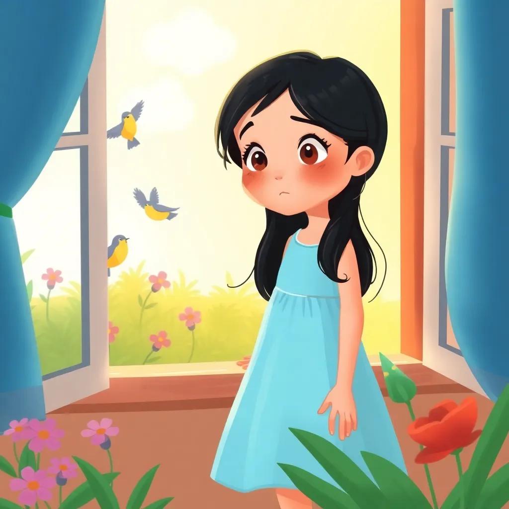 A curious young girl, Luz, with long black hair and wearing a light blue dress, looking out her window at two birds playing in the garden, digital art, vibrant colors, warm light, inviting atmosphere, high quality