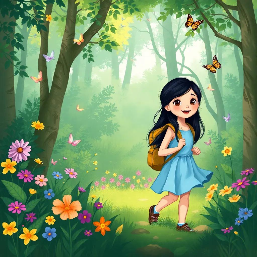 A young girl, Luz, with long black hair in a light blue dress, hiking in a lush forest with her backpack, surrounded by colorful flowers and butterflies, digital painting, cheerful, adventure-themed, child-friendly