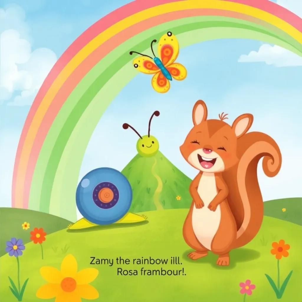 Zamy the snail arriving at Rainbow Hill, vibrant colors all around, a joyful squirrel named Maria smiling and a colorful butterfly named Rosa fluttering above her, playful scene, bright and lively, cheerful illustration, child-friendly design