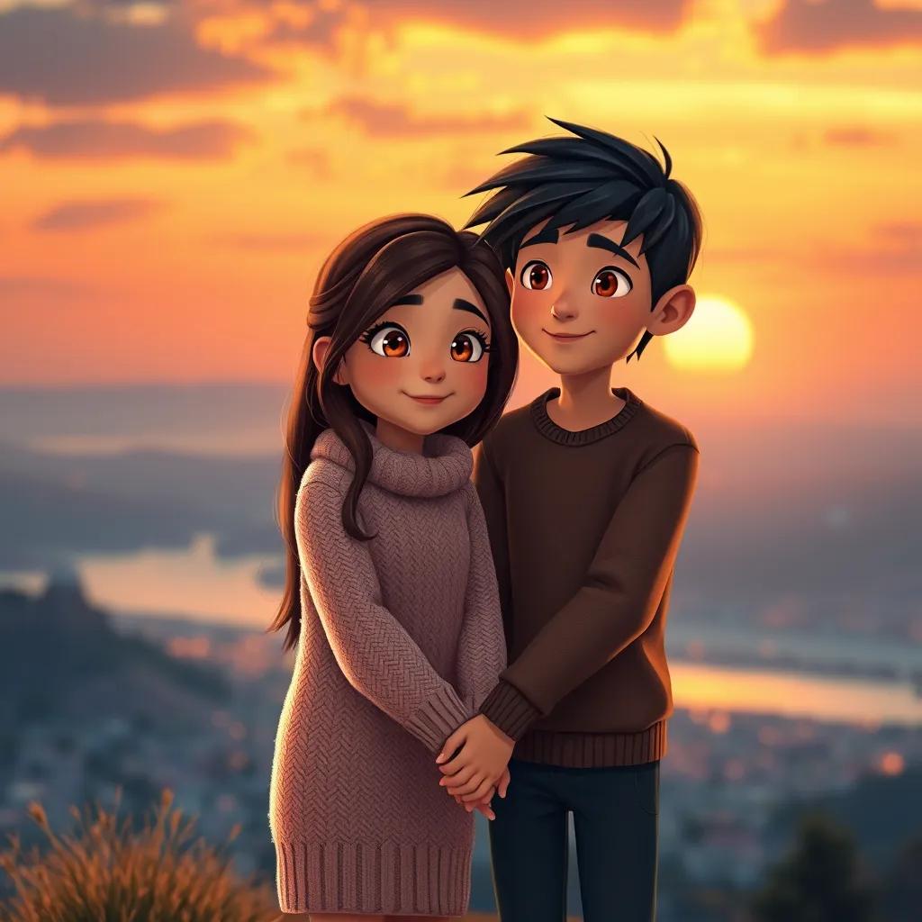 Sofía, a young girl with long brown hair in a cozy sweater, holding hands with Lucas, a boy with short black hair, against a backdrop of a breathtaking sunset, showcasing the warmth of friendship, romantic atmosphere, warm colors, detailed digital art, high quality