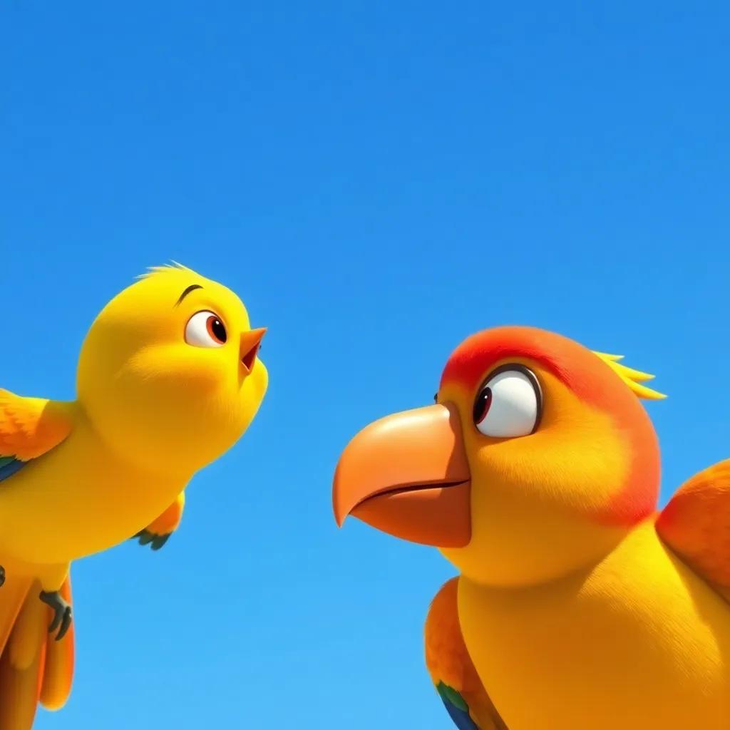 Pico, the small yellow bird, flying through a clear blue sky, looking curiously at a colorful parrot mimicking sounds, sunny day, joyful atmosphere, friendly interaction, vibrant colors, cartoon style, high quality