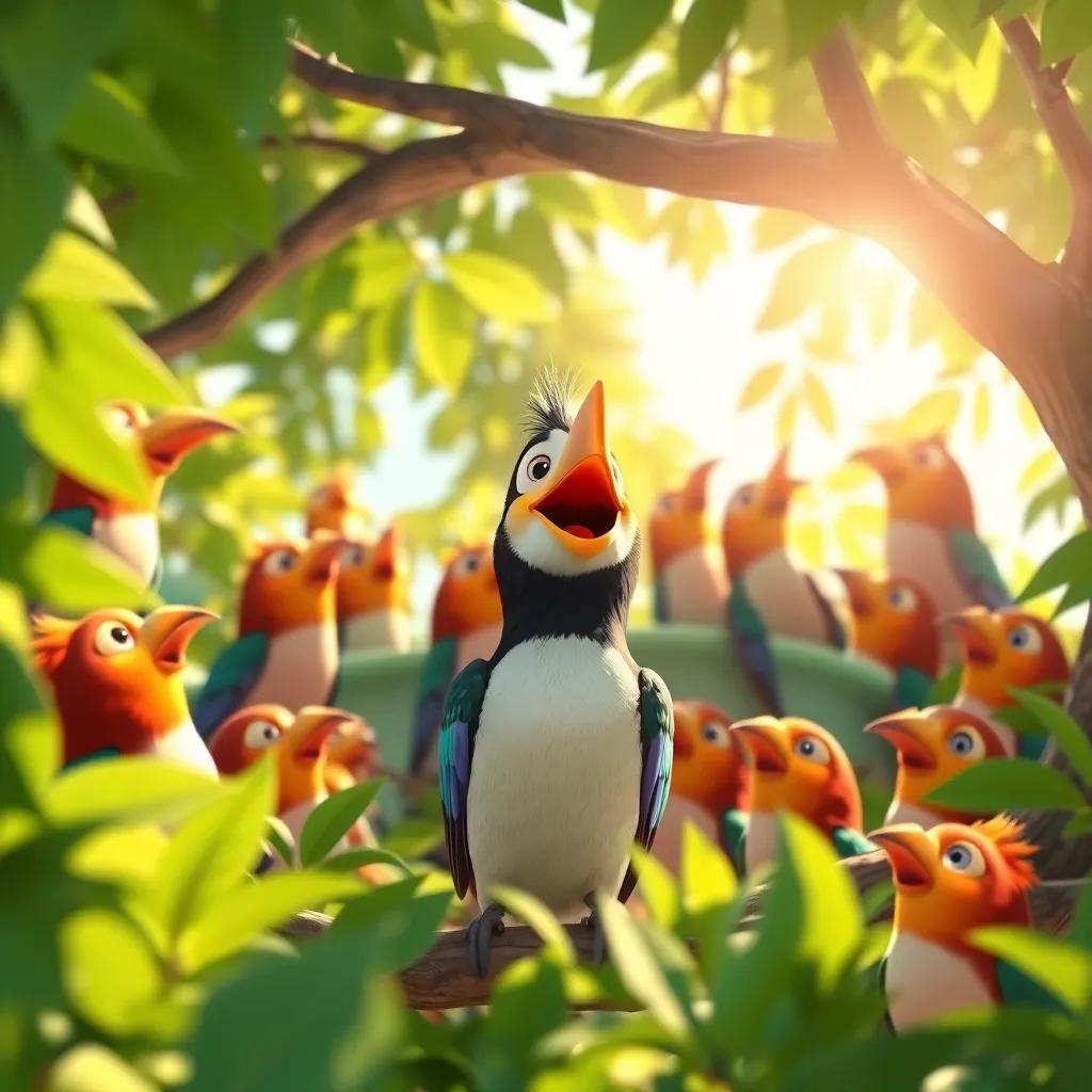 A flock of singing birds in a lush green tree, with colorful feathers, surrounding Pico, who looks excited and hopeful, bright sunlight filtering through leaves, vibrant colors, joyful scene, cartoon style, high quality