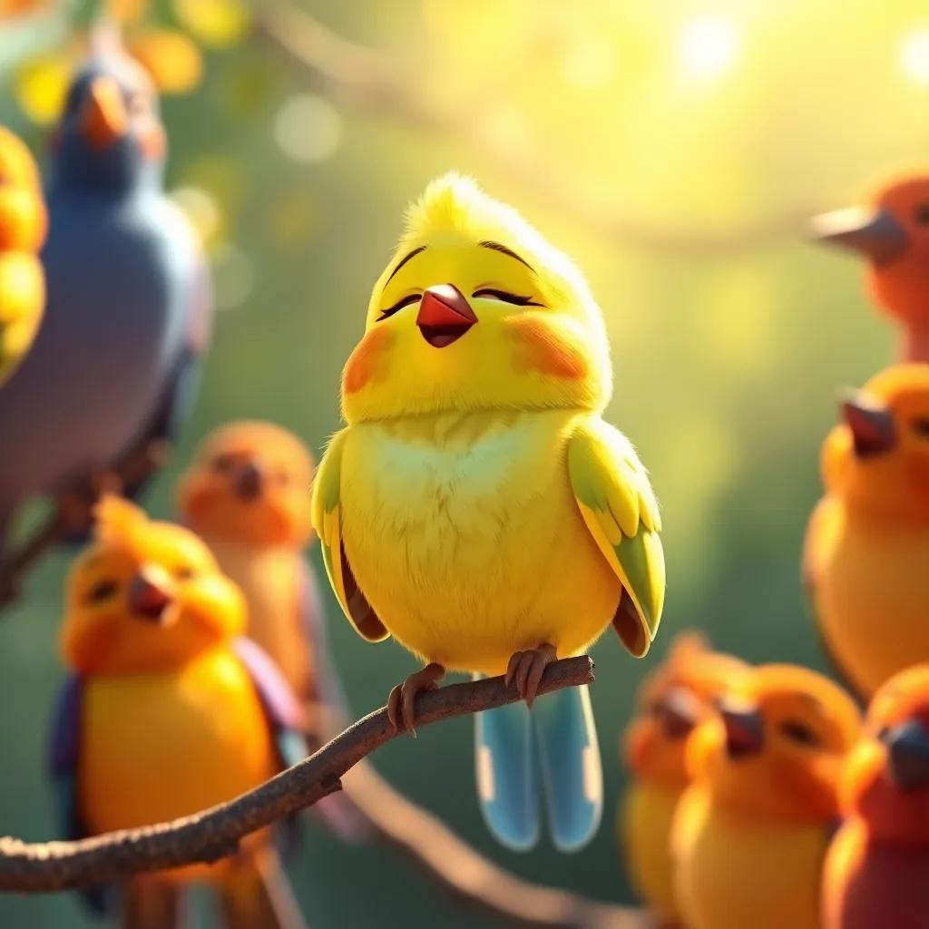 Pico, the small yellow bird, with his eyes closed, perched on a branch, singing with all his heart, surrounded by other birds joining in harmony, bright morning light, cheerful atmosphere, colorful setting, cartoon style, high quality