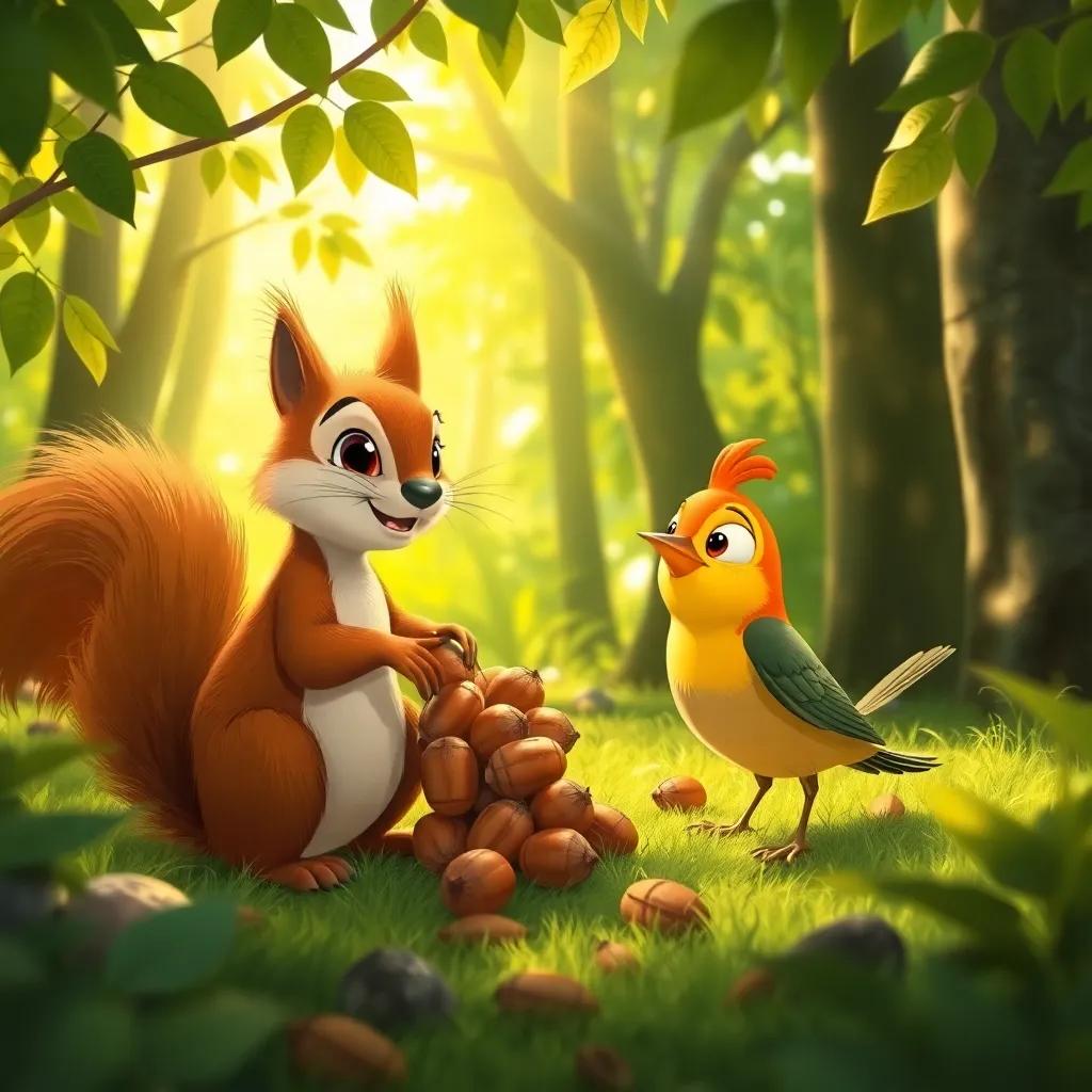 A squirrel busily gathering nuts while Tito the small bird, looking curious and excited, asks for directions in a vibrant green forest with sunlight filtering through the leaves, whimsical illustration