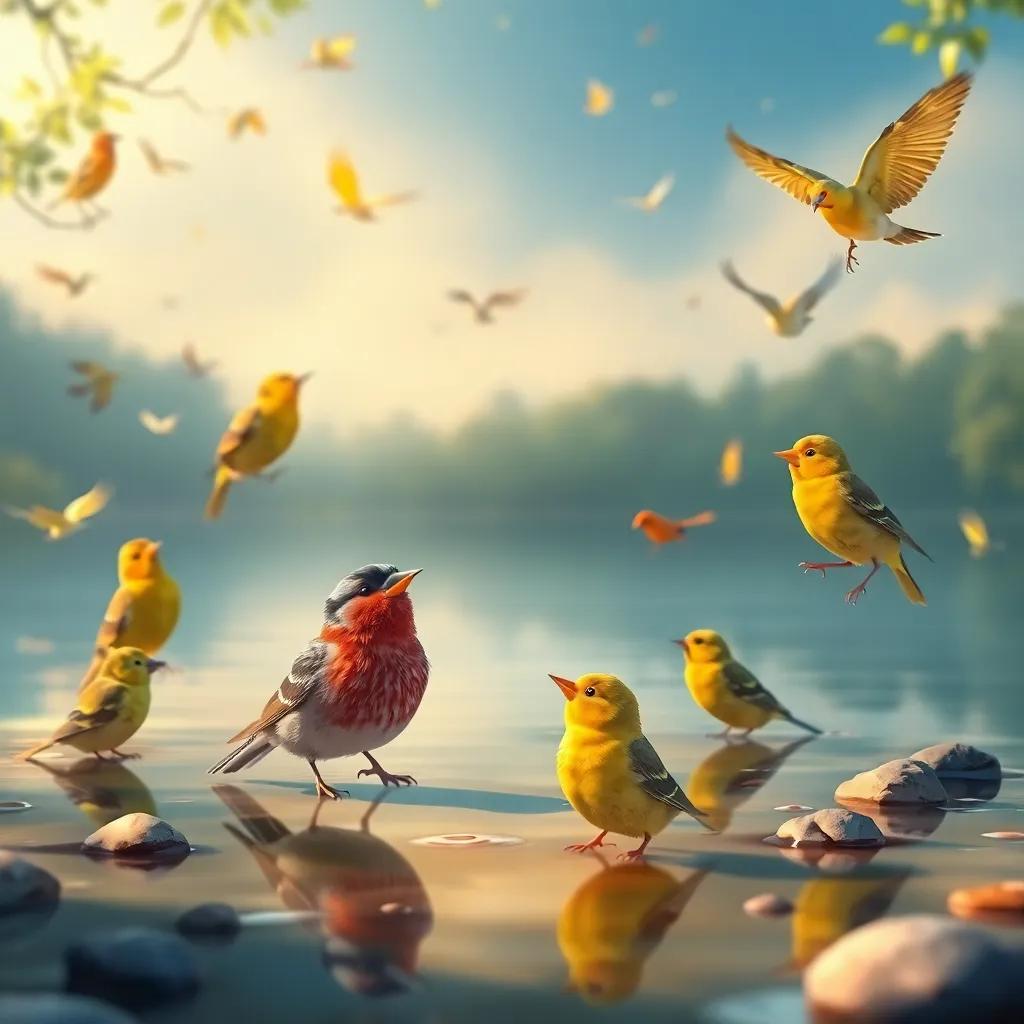 A serene lake with a gathering of birds, including canaries, sparrows, and goldfinches singing joyfully, with Tito the little bird nervously approaching them, colorful, warm light, inviting ambiance