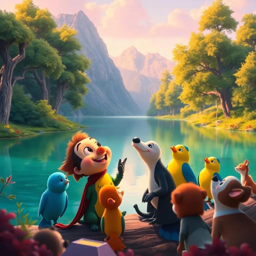 Tito happily singing with a group of songbirds by a beautiful lake, surrounded by lush trees and animals listening in awe, a magical scene of friendship and music, vibrant colors, joyful mood, detailed art