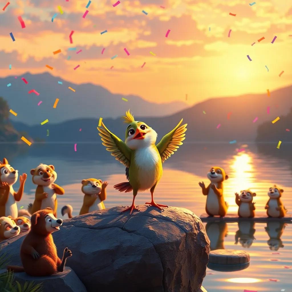 Tito the small bird performing on a rock by the lake with animals clapping and cheering, colorful confetti in the air, radiant sunset, celebrating his achievement with friends, heartwarming, enchanting, high quality