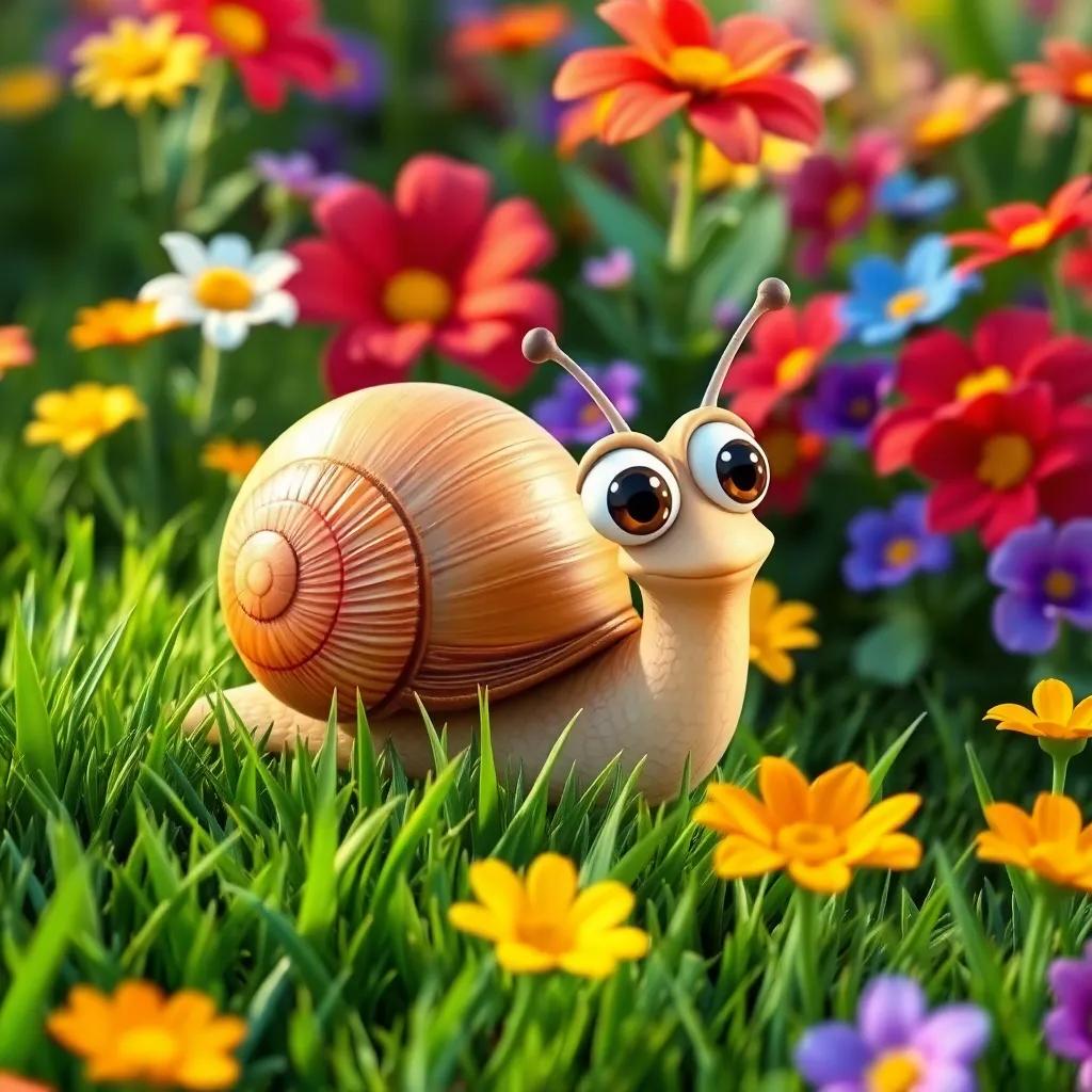 A small snail, Carlos, with a shiny shell and big eyes, sliding on fresh green grass in a colorful garden filled with flowers, digital art, vibrant colors, cheerful atmosphere, high quality