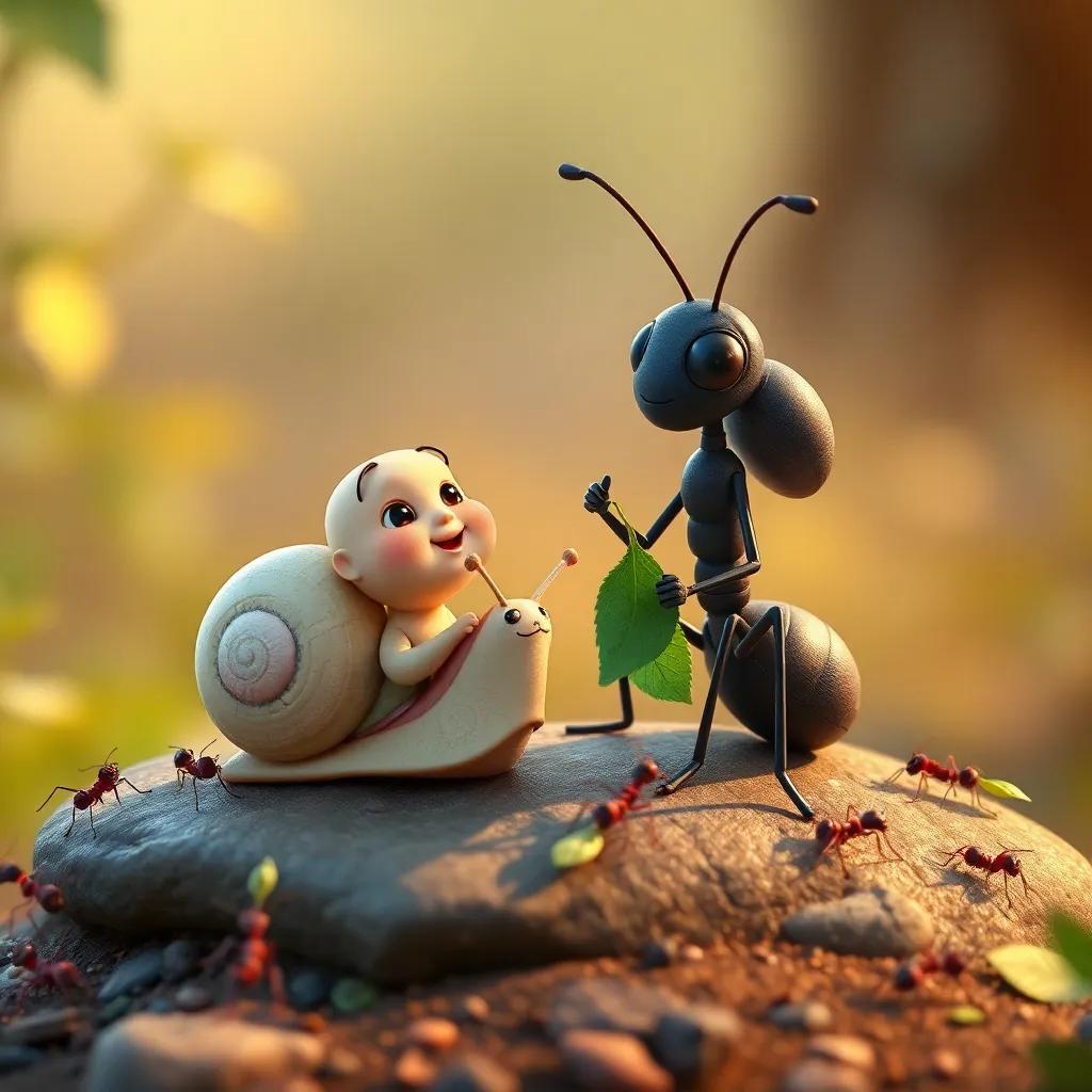 Carlos the small snail meeting Antonia the hardworking ant, sitting on a small rock, surrounded by tiny ants carrying leaves, detailed illustration, warm light, friendly vibe, high quality