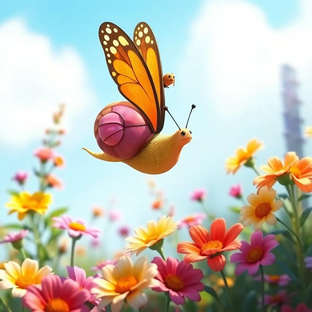 Carlos the small snail with Valentina the colorful butterfly flying together above the garden, showcasing the beautiful flowers below, digital painting, bright colors, joyful scene, high quality
