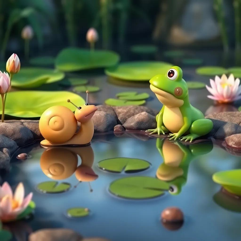 Carlos the small snail talking to Samuel the frog by a small pond, with lily pads and other pond creatures around, peaceful setting with soft light, vibrant colors, high quality