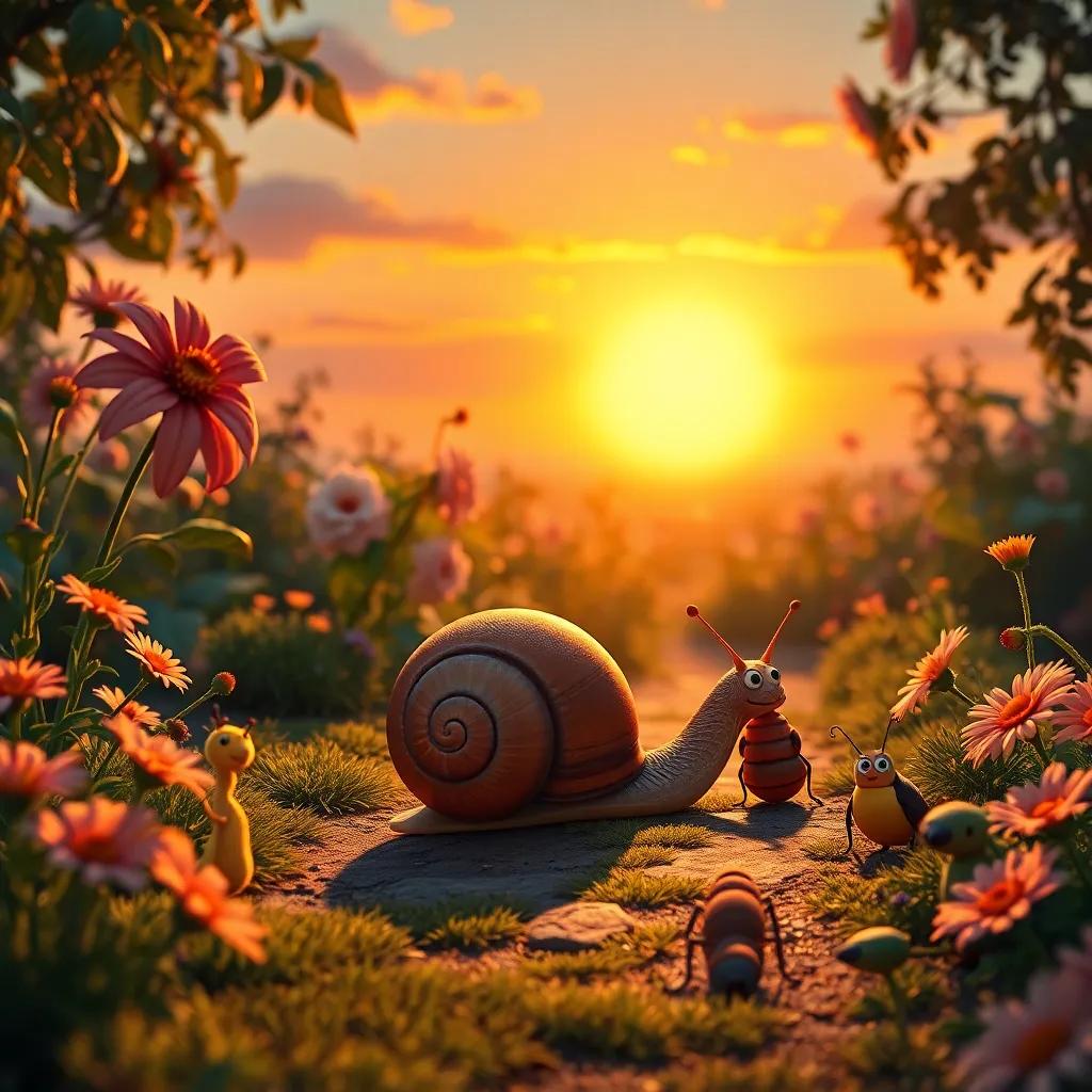 Carlos the small snail returning to his beautiful garden at sunset, with a warm glow and flowers, surrounded by his new insect friends, heartwarming scene, rich colors, engaging atmosphere, high quality