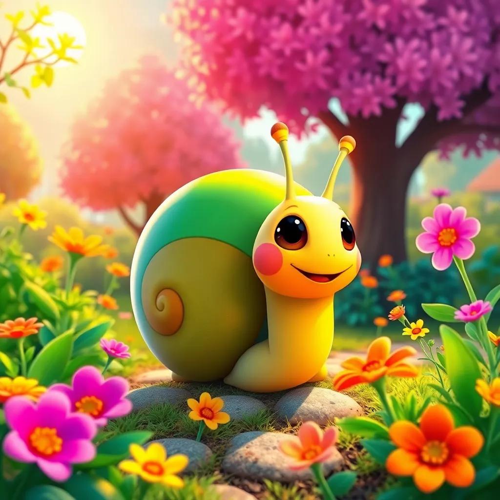 Un pequeño caracol llamado Carlos con un caparazón colorido, saliendo de su jardín lleno de flores y árboles brillantes bajo el sol, ilustración digital, colores vibrantes, atmósfera alegre, alta calidad