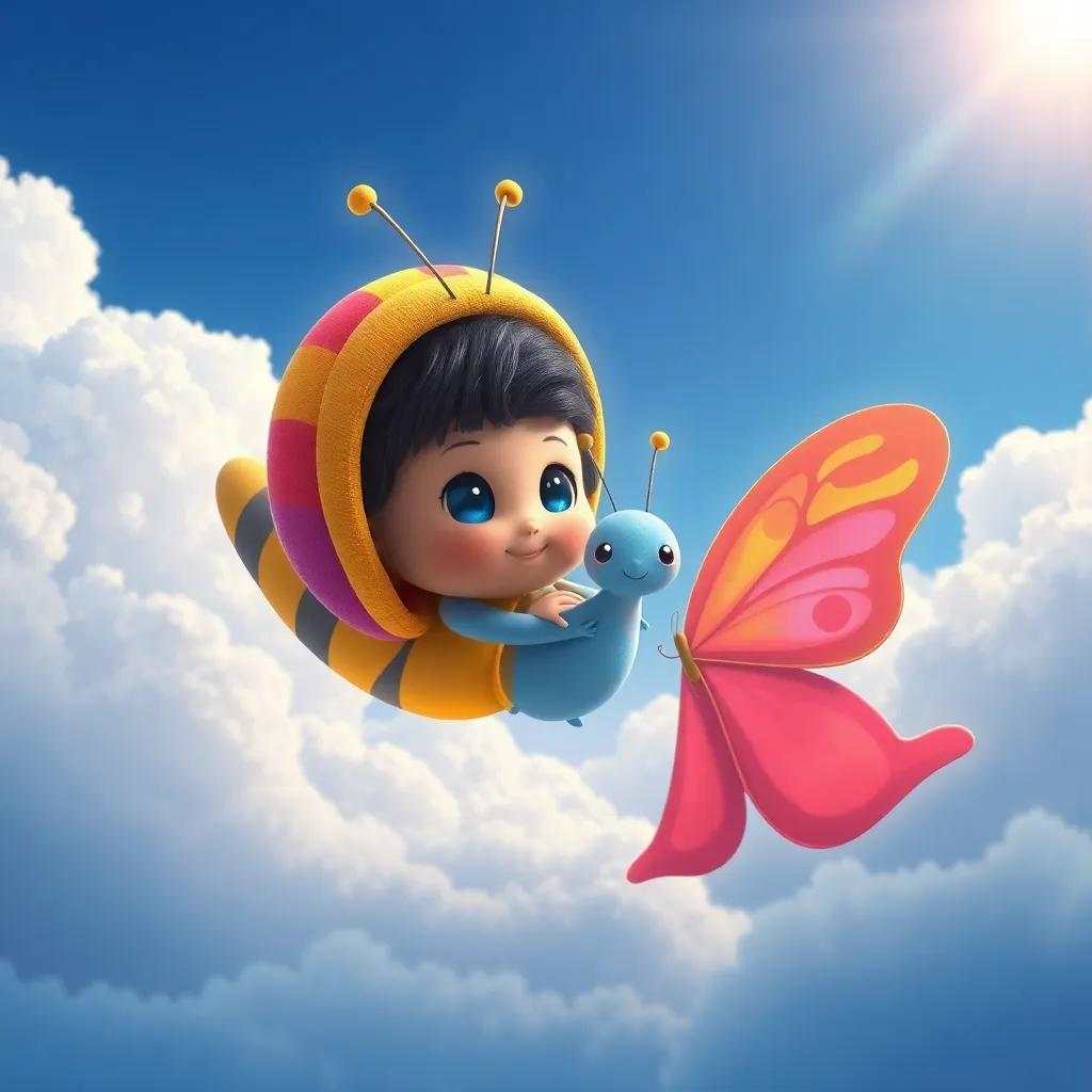 Un pequeño caracol llamado Carlos con un caparazón colorido, volando junto a una mariposa hermosa llamada Marina, en un cielo azul con nubes suaves y un arcoíris, ilustración, sensacional, atmósfera mágica