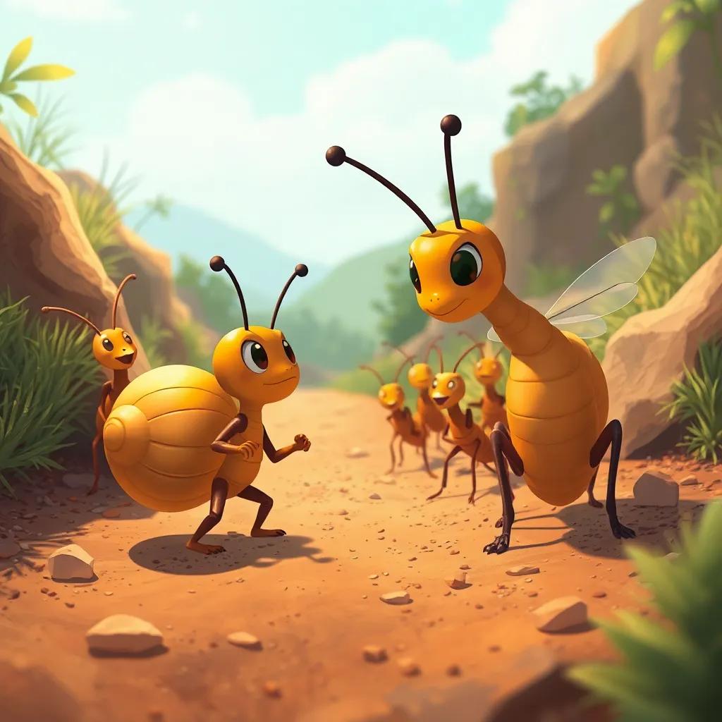 Carlos, el pequeño caracol, ayudando a un grupo de hormigas en un camino terrenal, mientras Ana, la hormiga, le muestra cómo recolectar comida, ilustración, cálida, atmósfera de trabajo en equipo, calidad alta