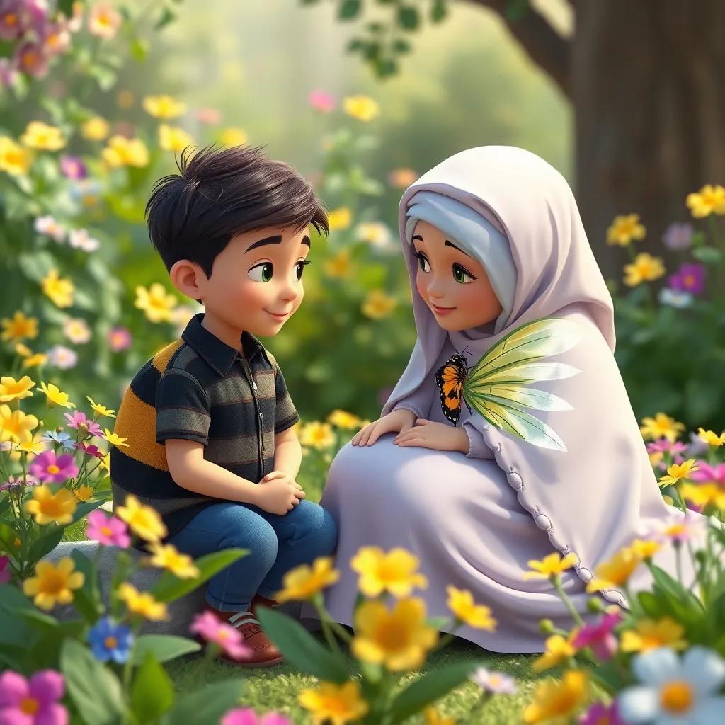 Carlos y Marina, el pequeño caracol y la mariposa, escuchando a Beatriz, la abeja, en un jardín lleno de flores brillantes, ilustración, agradable, atmósfera de amistad y aprendizaje