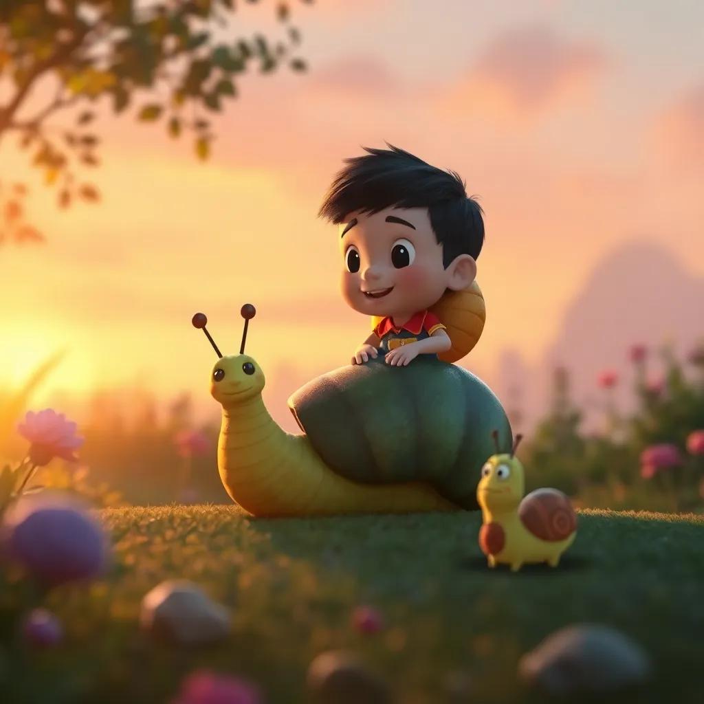 Carlos, el pequeño caracol, regresando a su jardín al atardecer, con sus nuevos amigos, sonrientes y felices, ilustración, cálidos tonos dorados, atmósfera de alegría y descubrimiento