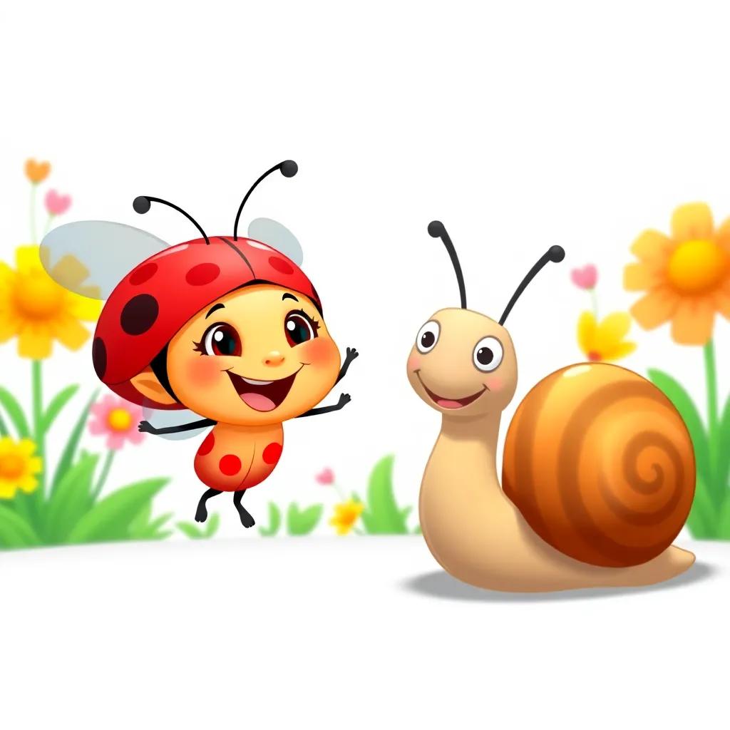 A happy ladybug, Marisol, with red polka dots, smiling and flying beside Carlos the snail, with colorful flowers in the background, illustration, vibrant colors, friendly scene, child-friendly