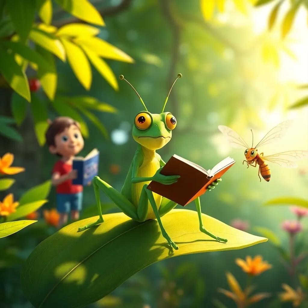 A wise grasshopper, Sebastián, with green legs and a wise look, sitting on a leaf telling stories to Carlos and Marisol about other insects, bright sunlight, colorful foliage, engaging atmosphere, illustration
