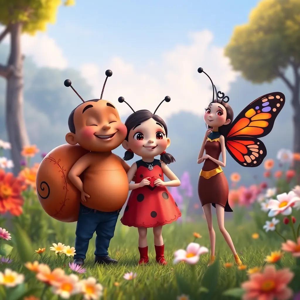 A group of friends, Carlos the snail, Marisol the ladybug, and Sofía the butterfly, standing together in a landscape of flowers and trees, feeling happy and united, heartwarming, rich colors, uplifting imagery