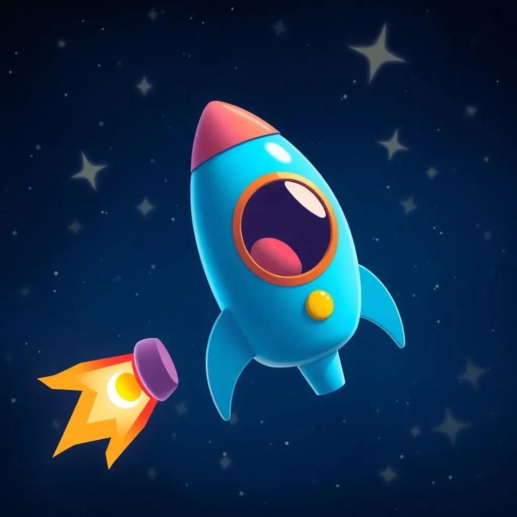 A small rocket named Coqui, colorful, flying through a dark space filled with twinkling stars, digital art, vibrant colors, whimsical atmosphere, cheerful