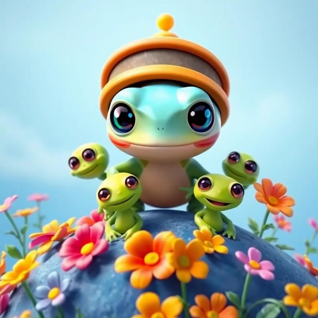 Coqui landing on a blue planet with friendly green aliens having big eyes, surrounded by colorful flowers, cheerful and inviting scene, children-friendly