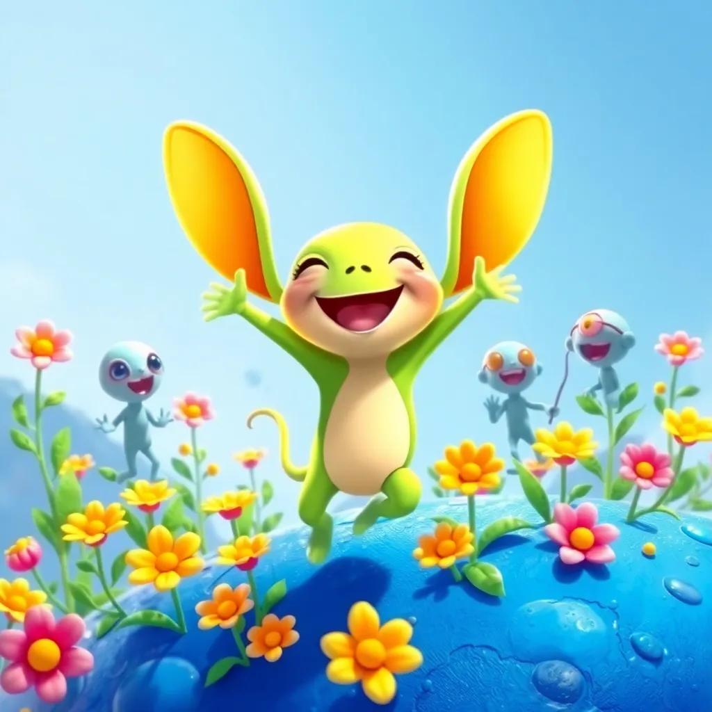 Coqui playing happily with aliens, jumping among bright flowers on their blue planet, joyful expression, bright sunny day, engaging and colorful illustration