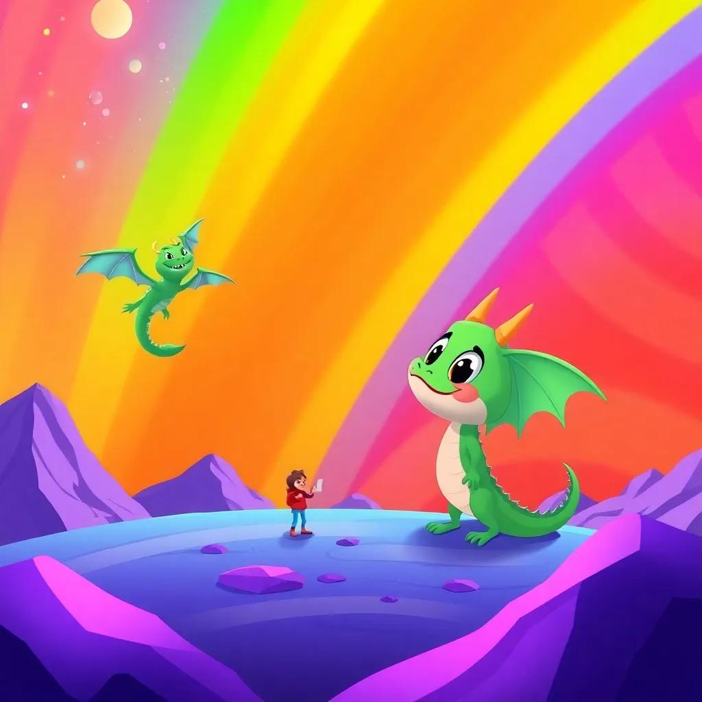 Coqui visiting a colorful rainbow planet, meeting a green dragon flying in purple mountains, high energy and adventure, cartoon style