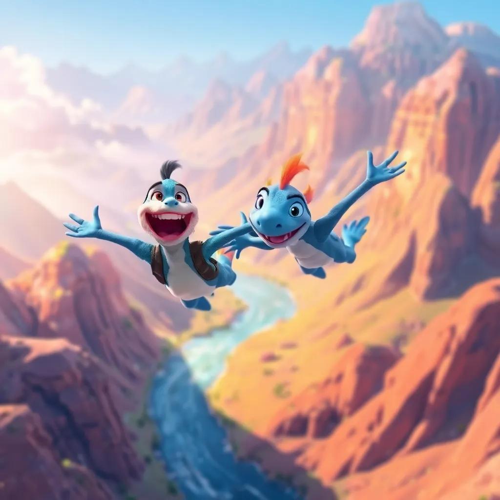 Coqui and Draki flying over colorful mountains and rivers, laughing and enjoying friendship, bright and cheerful atmosphere, lively digital art