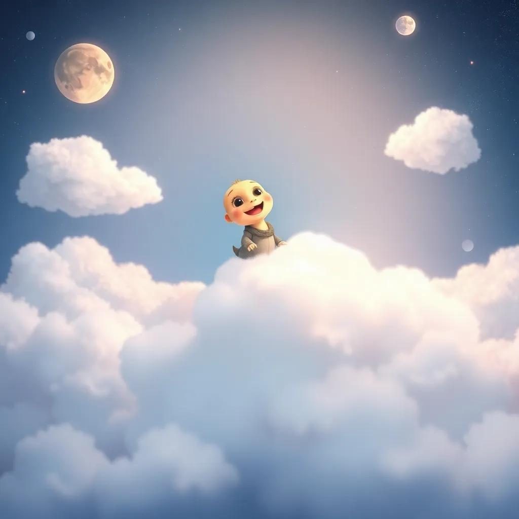 Coqui playing on the fluffy white clouds of Planeta Nube, joyful scene, soft and inviting, child-friendly illustration