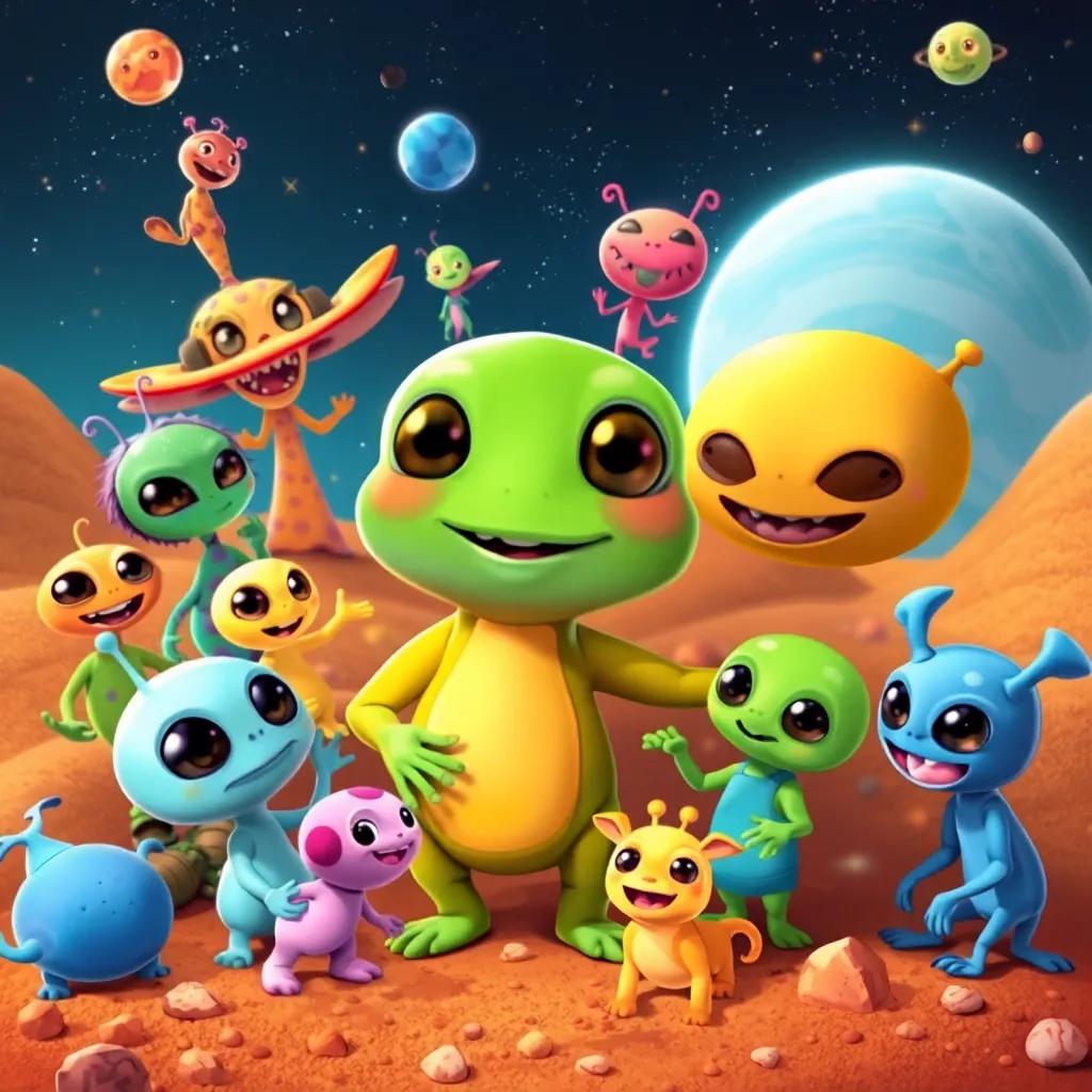Coqui surrounded by aliens and creatures from different planets, showing friendship and joy, colorful and engaging scene, art for children