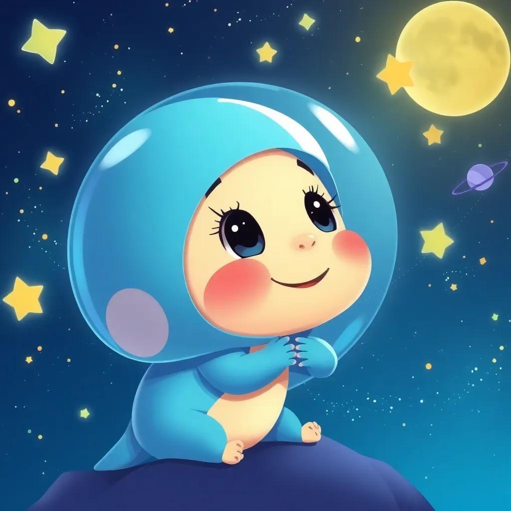 Coqui dreaming of future adventures in space, looking at the stars with a happy expression, whimsical atmosphere, colorful illustration