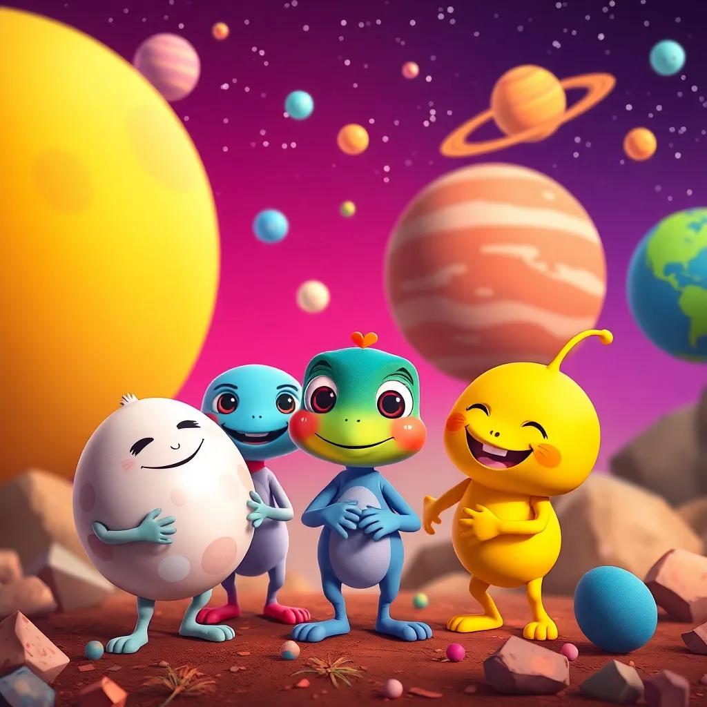 A colorful scene of Coqui with his friends from various planets, showing unity and happiness, vibrant art, heartwarming moment