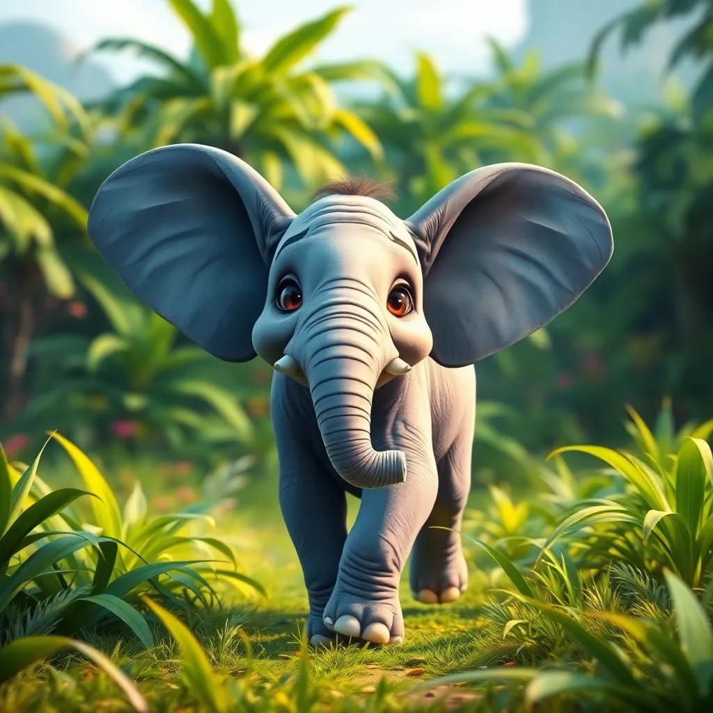 A young elephant named Elio, with bright gray skin and big ears flapping in the wind, joyfully leaving a lush green jungle, digital art, vibrant colors, exciting atmosphere, high quality