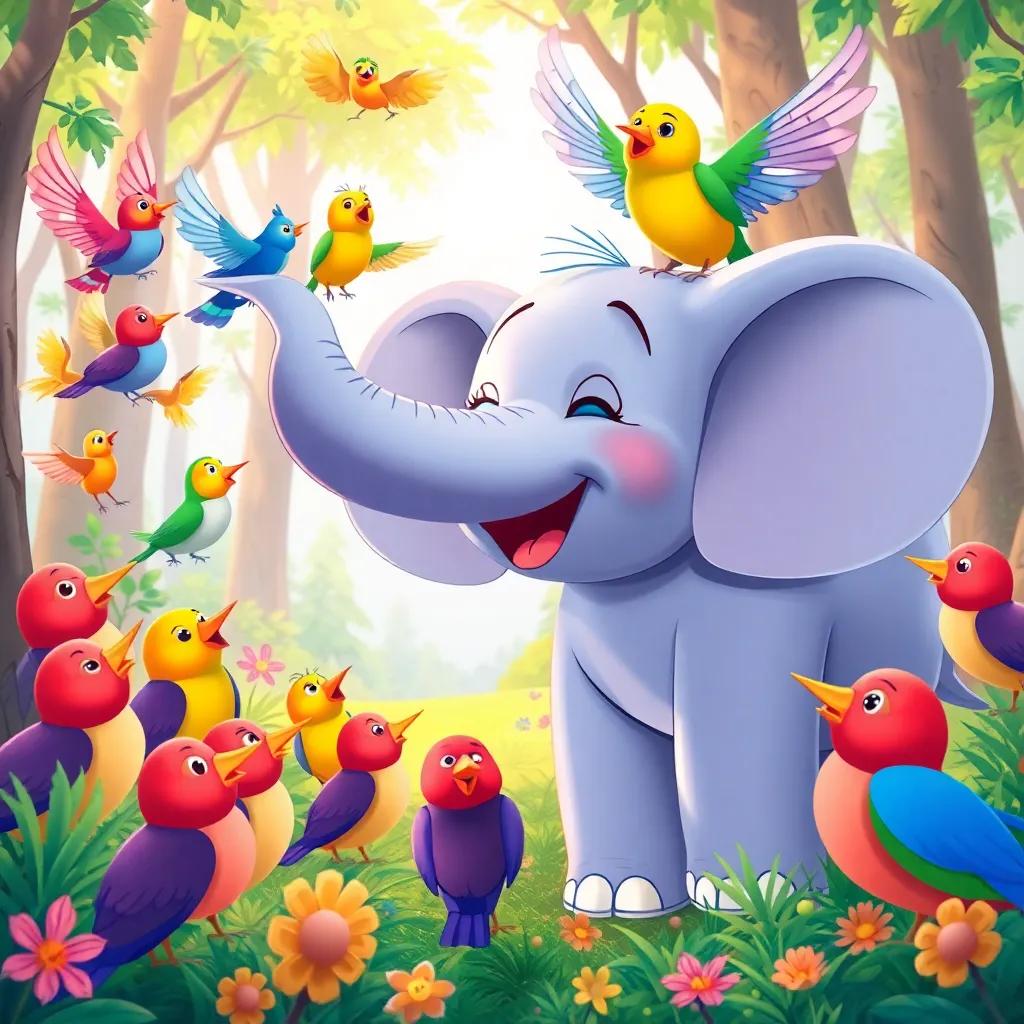 Elio the elephant joyfully meeting a colorful flock of birds singing a cheerful song, with feathers of many colors in a bright, lively forest, illustration, cheerful, child-friendly, high quality