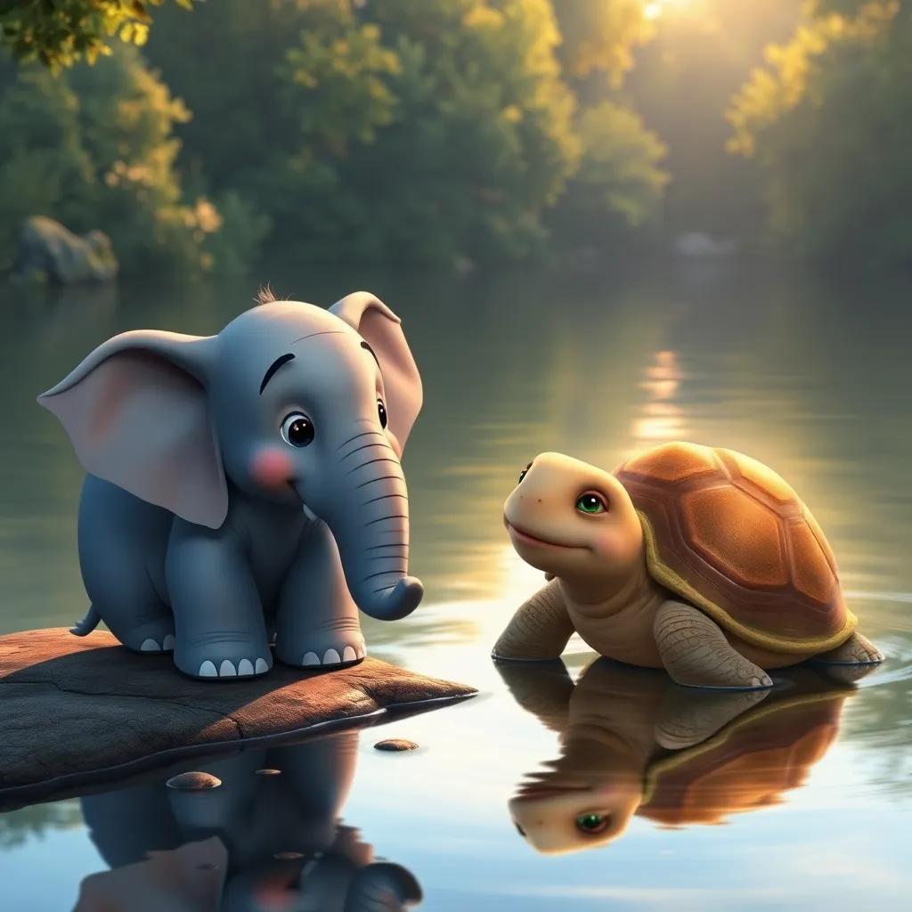 Elio the elephant talking with a wise turtle named Tula by a calm river, Tula has a shell and a gentle smile, serene water reflecting the sun, digital painting, realistic, warm atmosphere, high quality