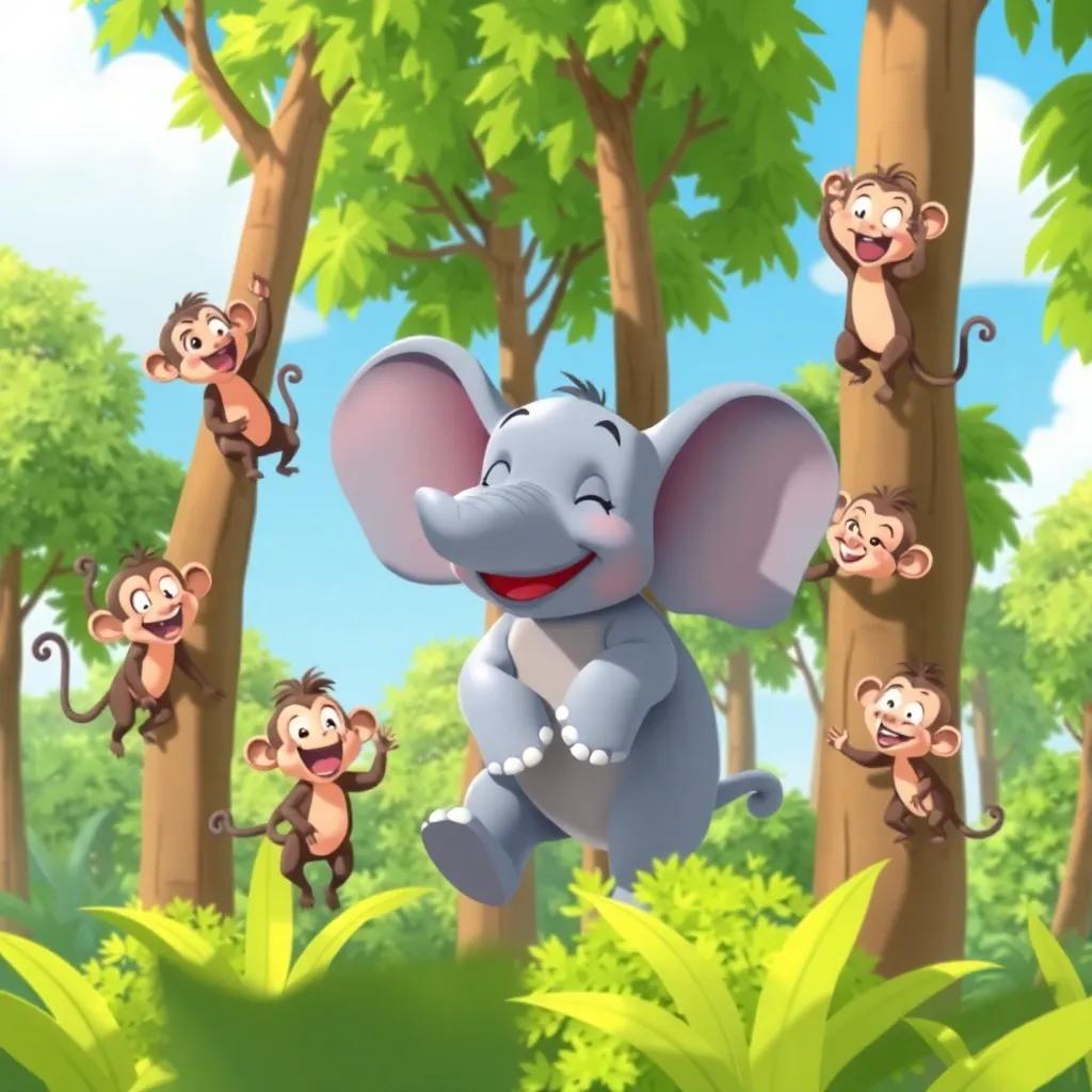 Elio the elephant playing with naughty monkeys in tall trees, everyone laughing and having fun, surrounded by green foliage and bright blue sky, playful illustration, vibrant, joyful mood, high quality