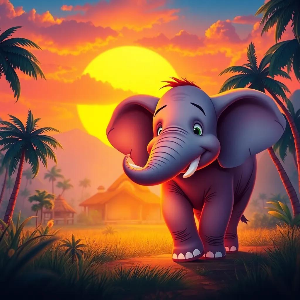 Elio the elephant returning home under a beautiful sunset, feeling happy and content, with his jungle home in the background, colorful, warm light, heartwarming scene, high quality