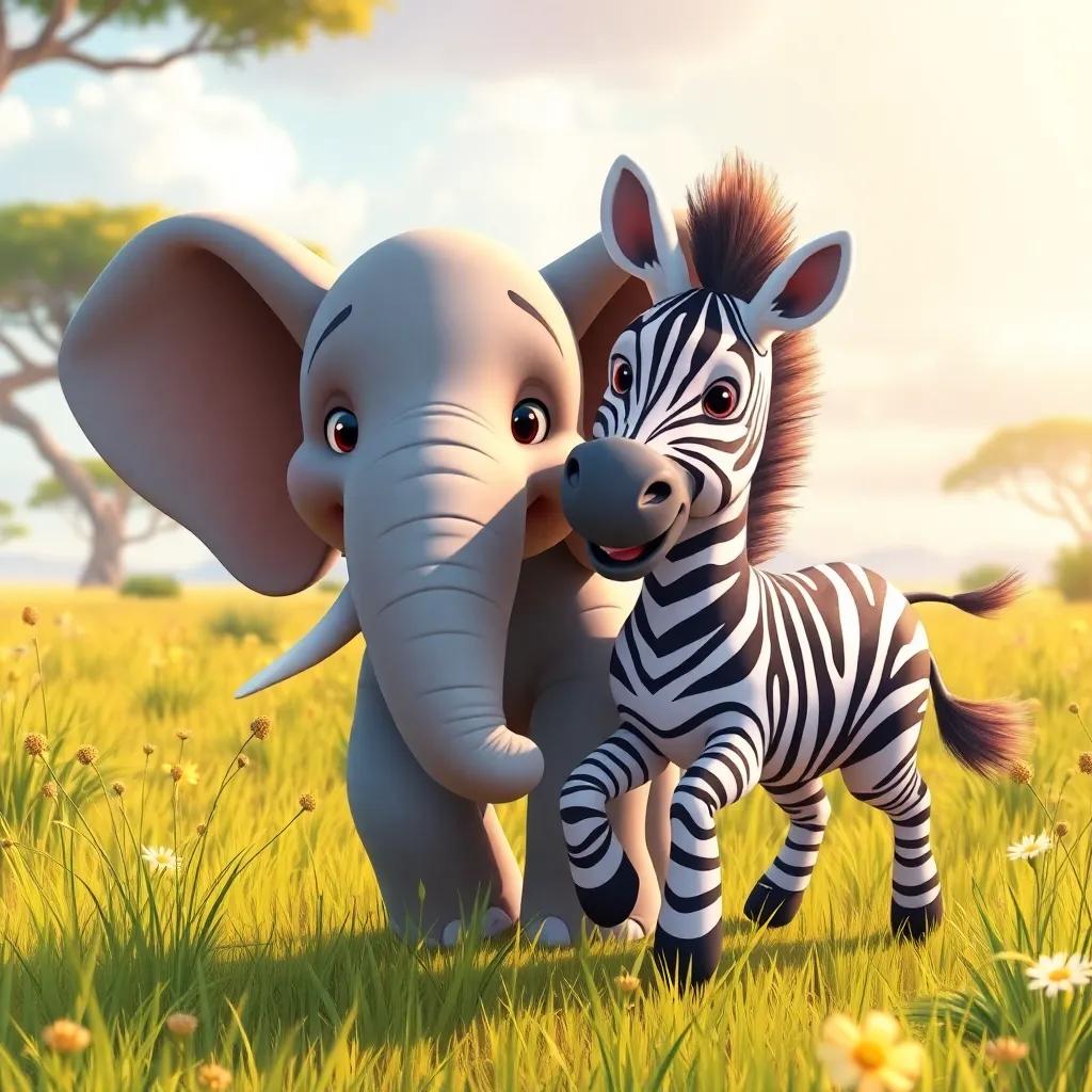 Eli the elephant with a joyful zebra named Zara, playing together in a sunlit savannah, surrounded by green grass and wildflowers, lively illustration, warm light, friendly colors, engaging perspective, high quality