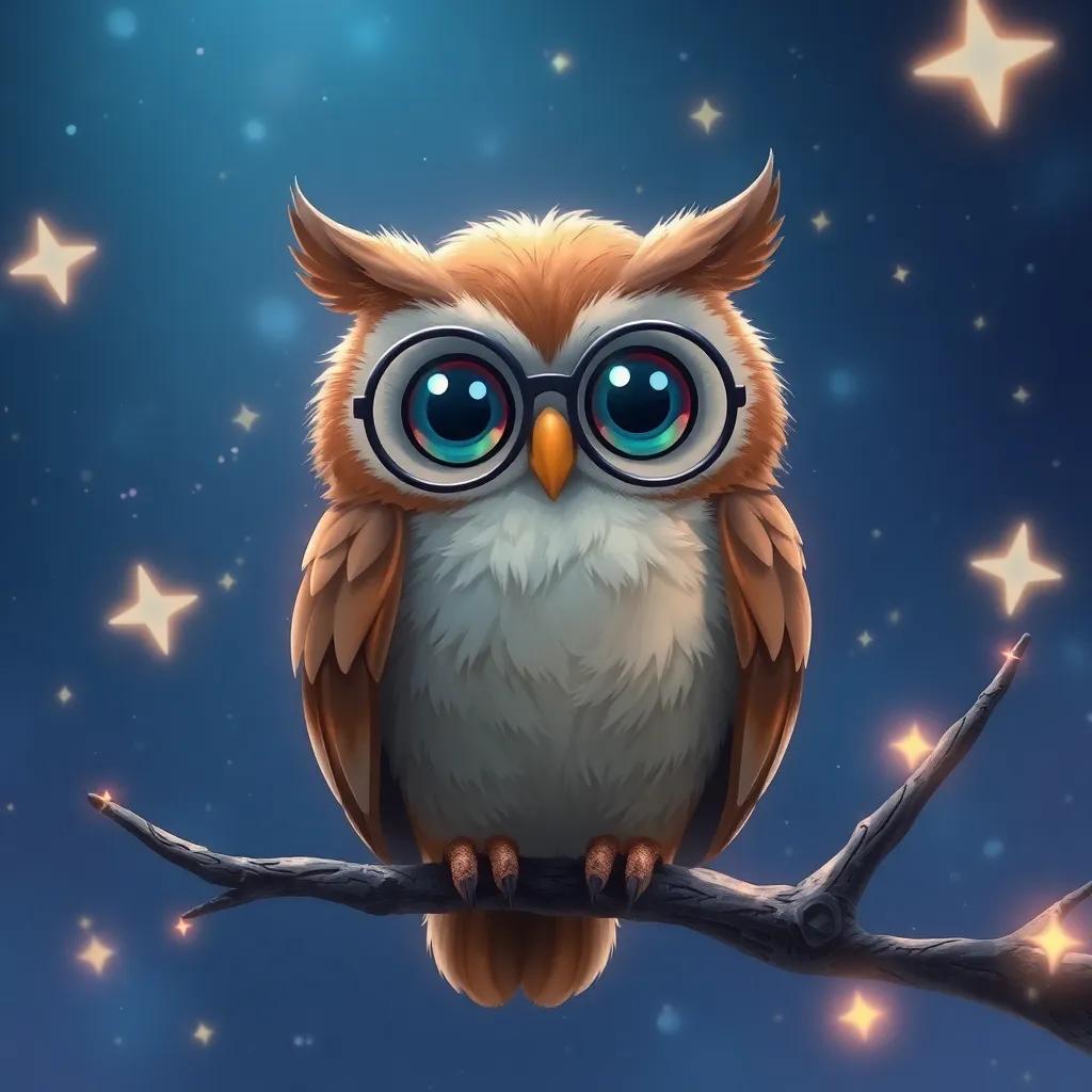 Oliver the wise owl perched on a branch, with big round glasses and a knowing look, surrounded by twinkling stars in a night sky, magical digital painting, soft colors, dreamlike atmosphere, enchanting perspective, high quality