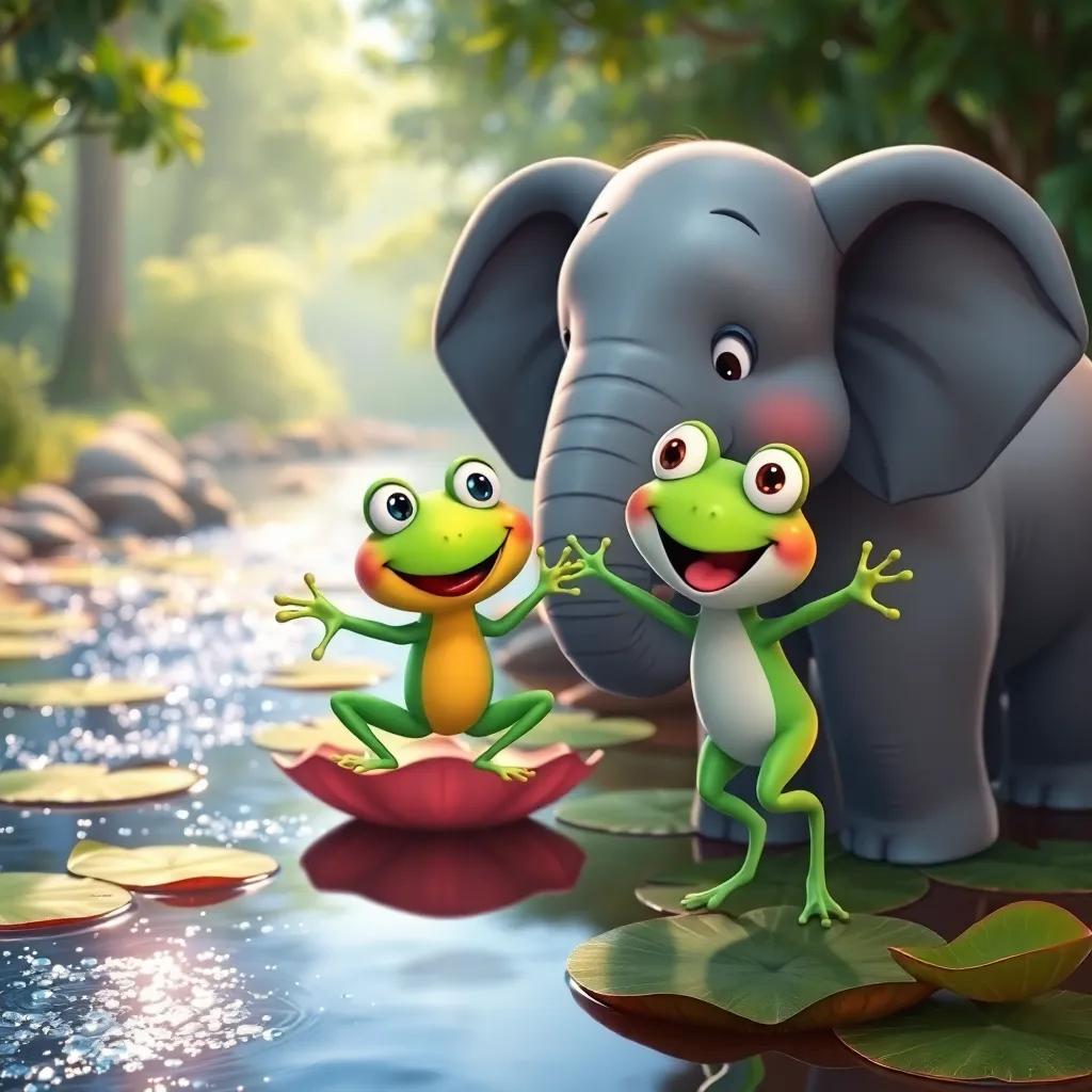 Eli the elephant and Rita the cheerful frog, by a sparkling river, with Rita happily jumping from lily pad to lily pad, playful ambiance, bright colors, cheerful atmosphere, captivating perspective, high quality