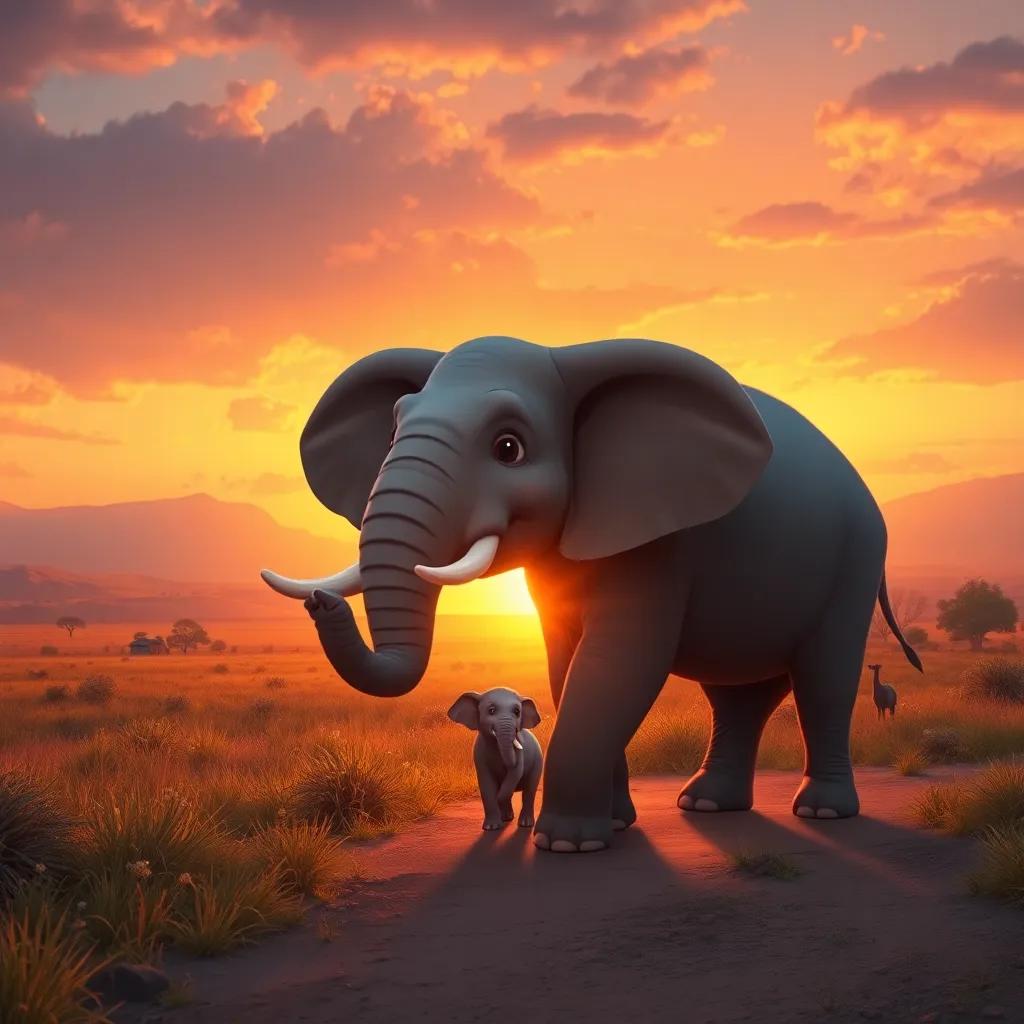 Eli the elephant returning home at sunset, with a warm and welcoming landscape in the background, his family waiting with open arms, heartwarming scene, rich colors, emotional atmosphere, nurturing perspective, high quality