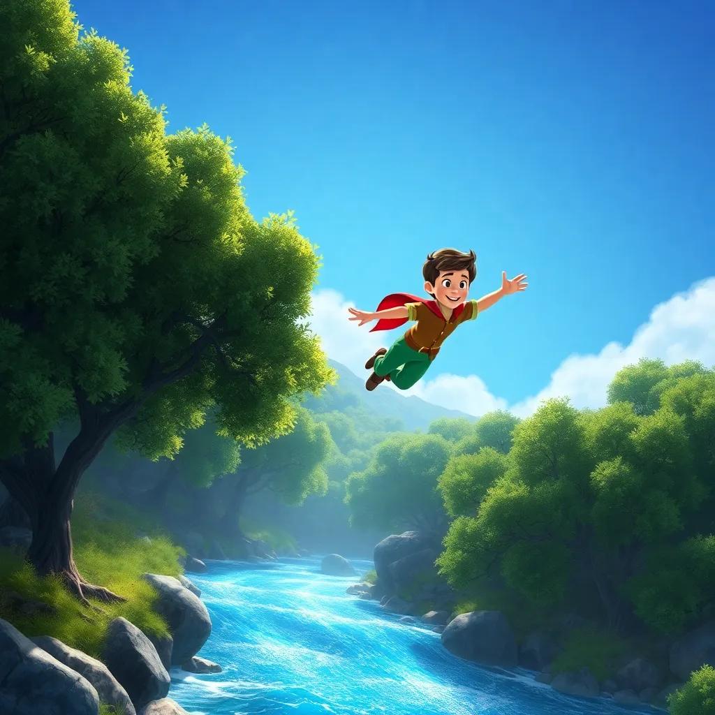 Miguel volando sobre un río brillante, rodeado de árboles verdes, con un fondo de cielo azul, ilustra un hermoso paisaje, estilo mitológico, colores vivos
