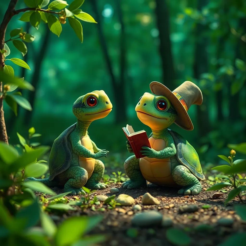 Una tortuga sabia llamada Tula hablando con Miguel el ganso, en un entorno de bosque verde con hojas brillantes, arte echo, claro y amistoso, alta calidad