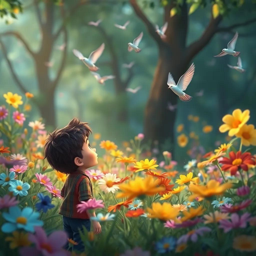 Miguel en un bosque lleno de flores de varios colores, mirando las flores mientras los pájaros cantan en el fondo, pintura digital, alegre y encantador, enfoque nítido