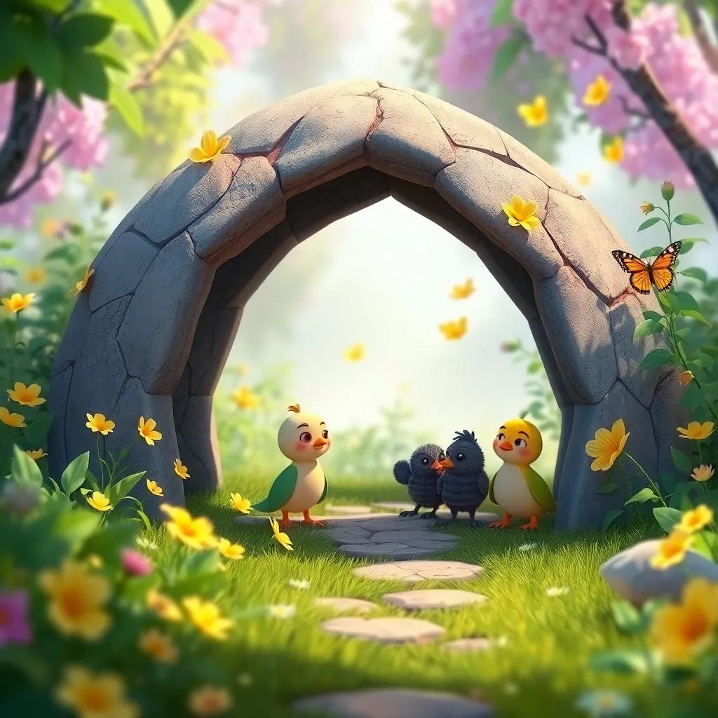 Un pequeño abrigo donde Miguel ayuda a los patitos a encontrar a su mamá, rodeado de césped verde y mariposas, ambiente amigable, colores pastel, animado