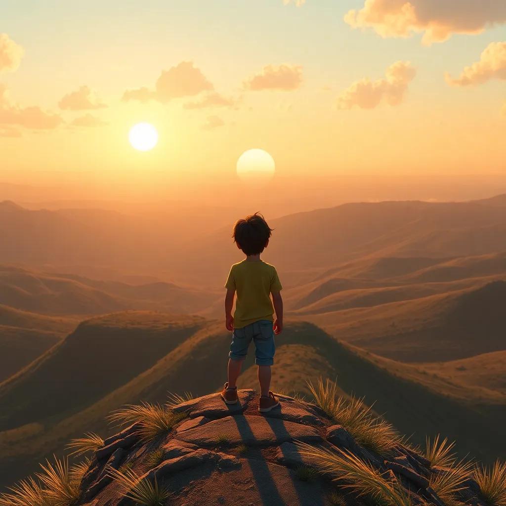Miguel en la cima de una colina mirando el valle, con el sol poniéndose en el horizonte, arte realista, cálido y nostálgico
